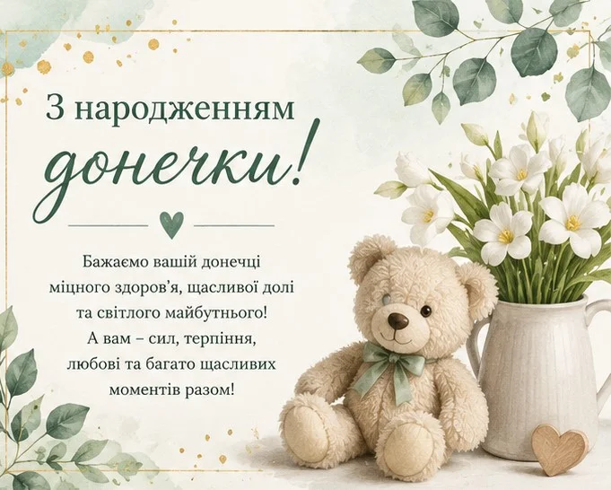 Листівка з ведмедиком та букетом квітів у пастельних тонах
