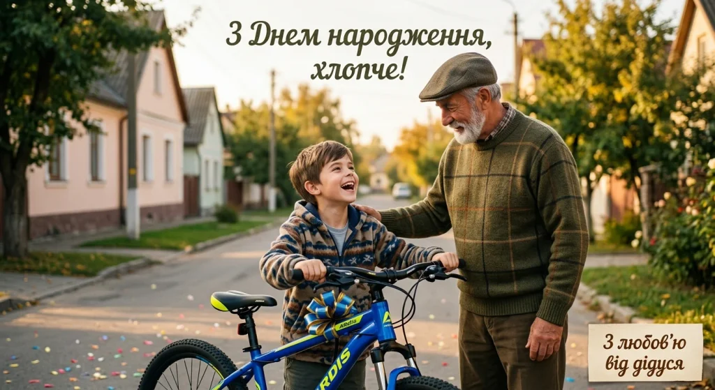 Онук з новим велосипедом біля дідуся