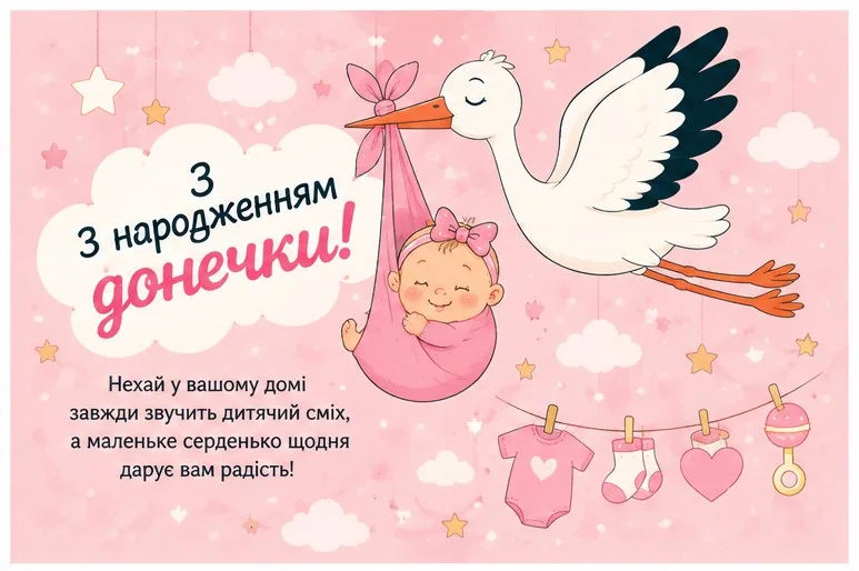 Мила листівка з лелекою - символічне привітання з народженням донечки