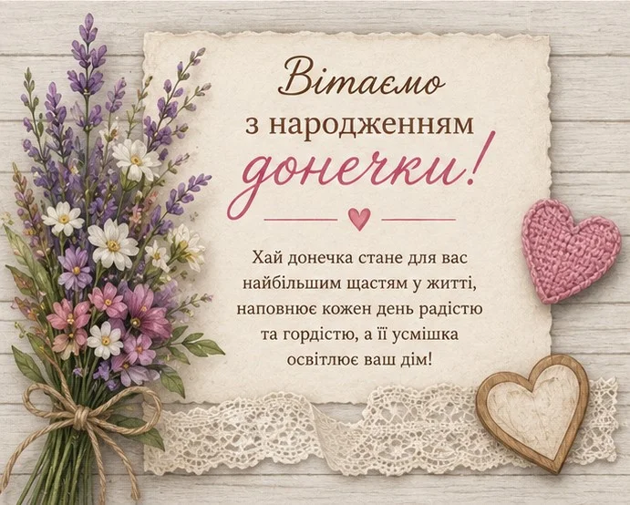 Зворушлива листівка з нагоди народження донечки у пастельних відтінках з букетиком польових квітів