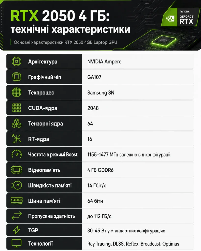 інфографіка технічних характеристик RTX 2050 4GB Laptop GPU