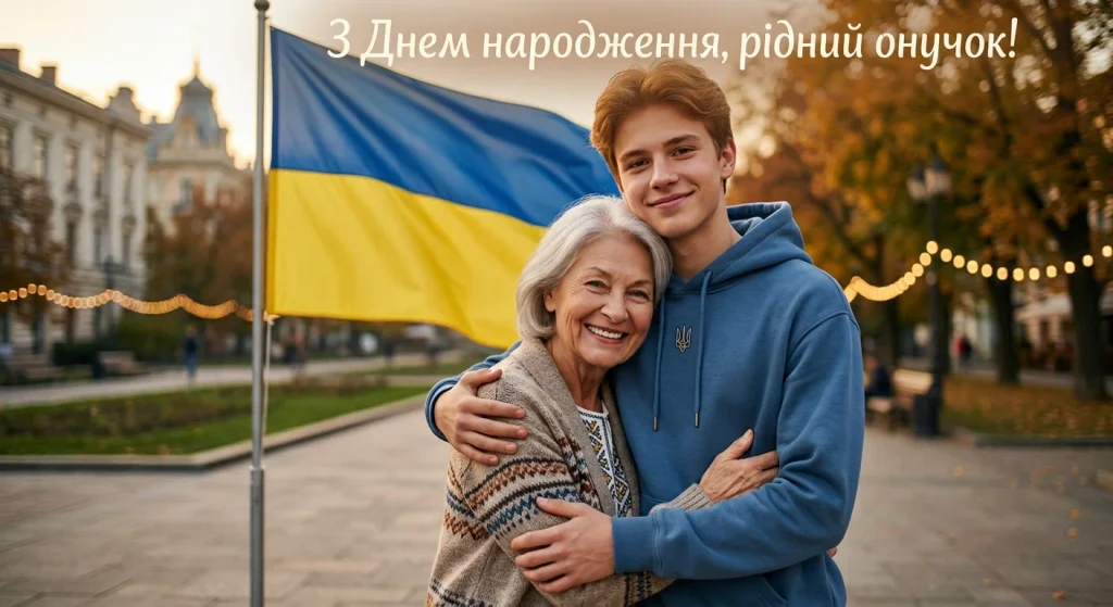 Бабуся з онкуом на фоні державного прапора