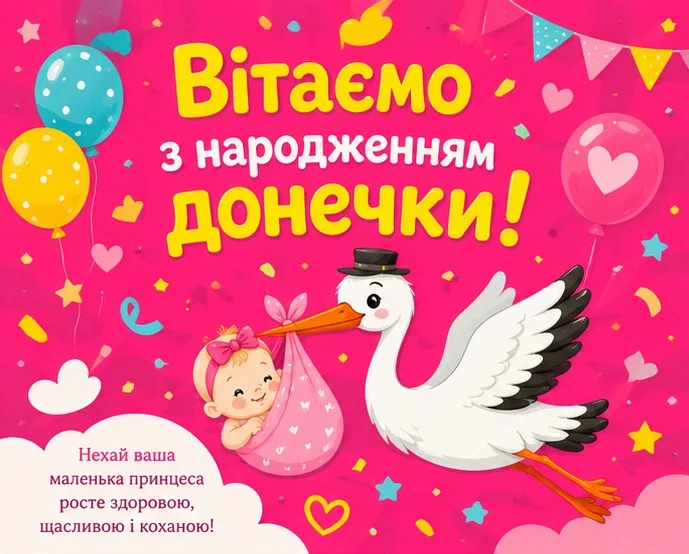 Барвиста листівка з коротким привітанням для батьків маленької донечки та лелекою, що несе маля
