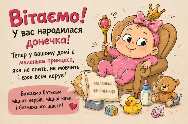 Листівка з веселим привітанням для батьків новонародженої дівчинки