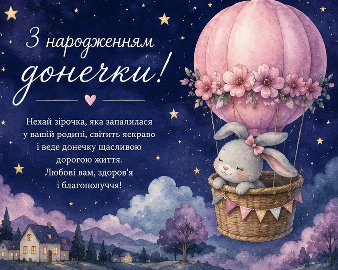 Романтична листівка з побажаннями щасливої долі для маленької дівчинки