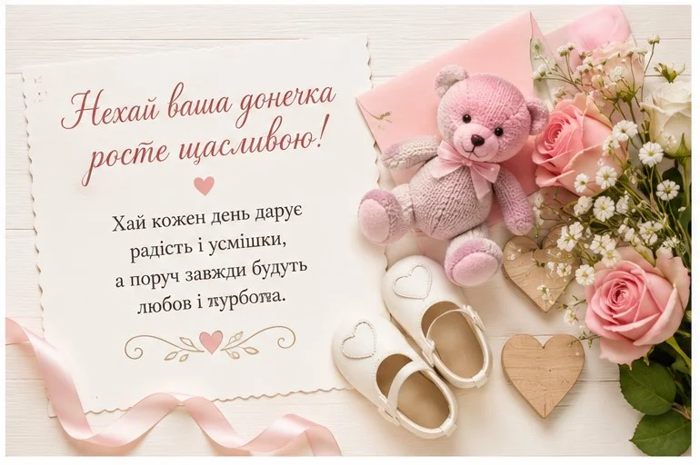 Ніжна листівка з привітанням для батьків маленької дівчинки, побажаннями щастя, радості та любові