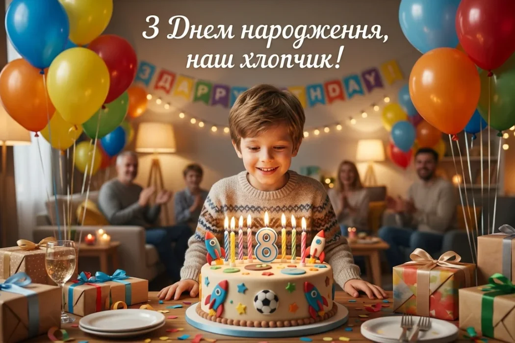 Хлопчик задуває свічки на торті