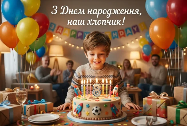 Хлопчик задуває свічки на торті