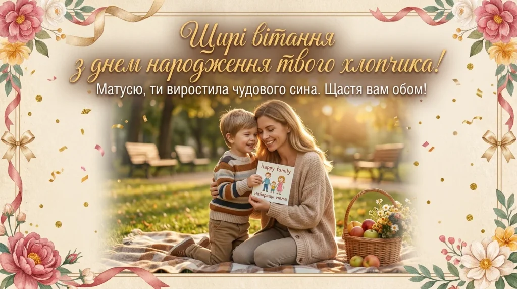 Мама з хлопчик на листівці