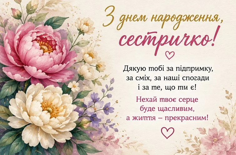 Класична вітальна картка з вишуканим букетом півоній та словами вдячності за підтримку й спогади
