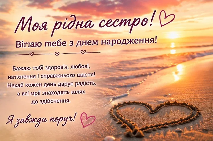 Романтичне фото з серцем на піску на тлі морського заходу сонця, привітанням та обіцянкою бути завжди поруч