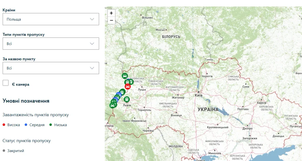 інтерактивна мапа пунктів пропуску Держприкордонслужби