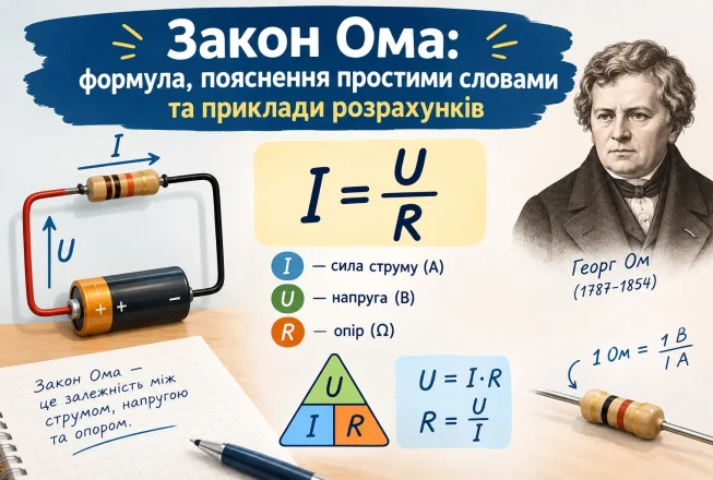 Закон Ома: формула, основні величини (струм, напруга, опір), правила обчислень