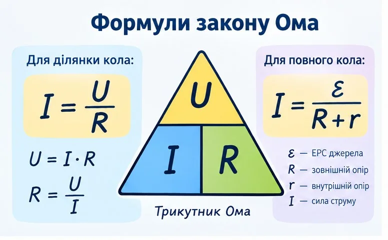 Трикутник Ома та порівняння формул закону Ома для ділянки кола та для повного кола з урахуванням ЕРС та внутрішнього опору