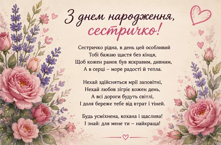 Естетична акварельна листівка з трояндами та душевним віршем для сестрички
