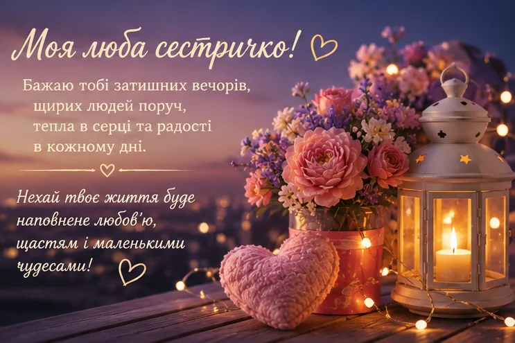 Зворушлива листівка з ліхтариком, квітами та побажаннями затишних вечорів і тепла в серці