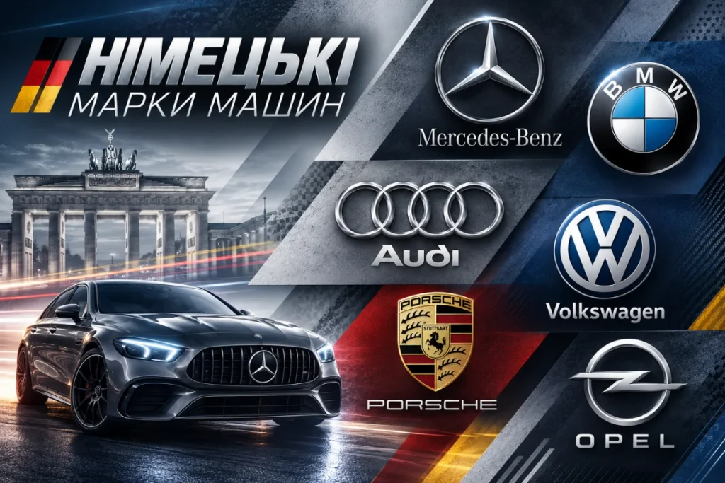 Німецькі марки Mercedes-Benz, BMW, Audi, Volkswagen, Porsche і Opel