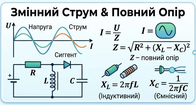 Закон Ома для змінного струму: формула імпедансу (повного опору), індуктивного та ємнісного опорів