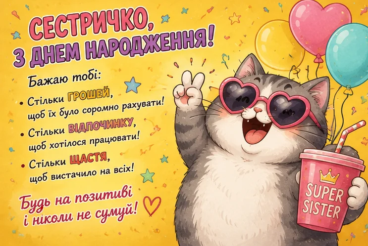 Смішна та яскрава листівка з котом у окулярах-сердечках та бажанням грошей, відпочинку і щастя