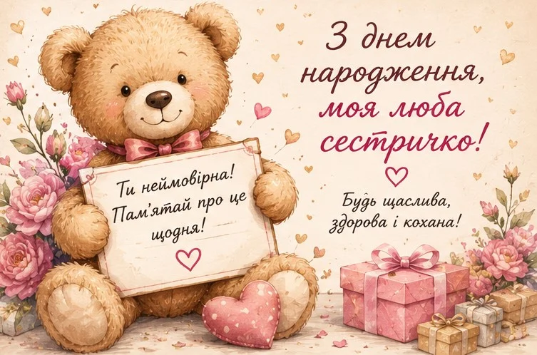 Мила листівка з плюшевим ведмедиком, квітами та привітанням сестрі