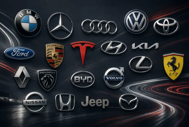 Колаж популярних автомобільних брендів на темному фоні