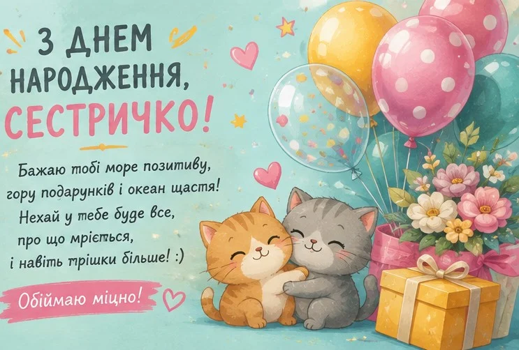 Дитяча мімімішна листівка з двома кошенятами, що обіймаються, та повітряними кульками