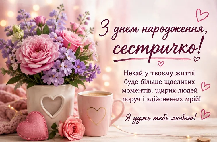 Ніжна святкова листівка з букетом рожевих квітів, чашкою кави та зізнанням сестрі в любові