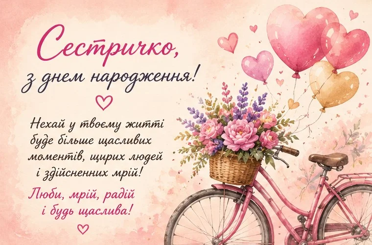Акварельна листівка з велосипедом, корзиною квітів і кульками-сердечками