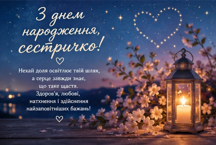Атмосферна листівка із зображенням ліхтаря, зоряного неба та побажаннями щастя і натхнення